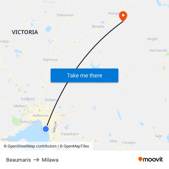 Beaumaris to Milawa map