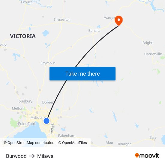 Burwood to Milawa map
