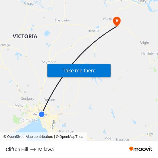 Clifton Hill to Milawa map