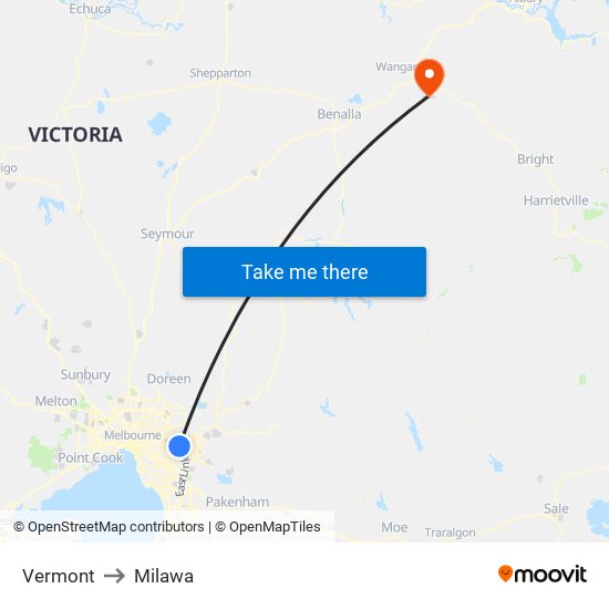 Vermont to Milawa map