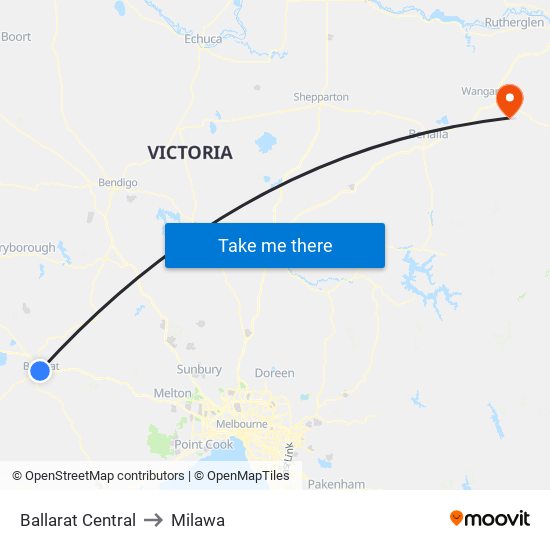 Ballarat Central to Milawa map