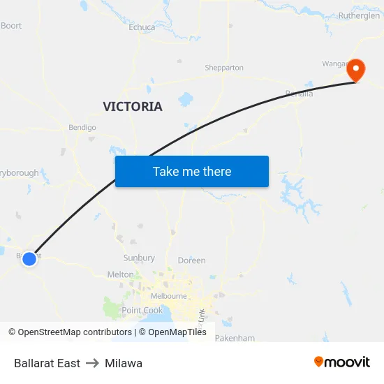 Ballarat East to Milawa map