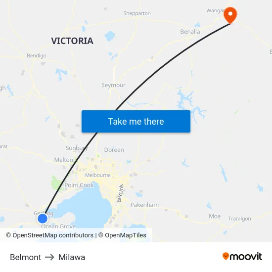 Belmont to Milawa map