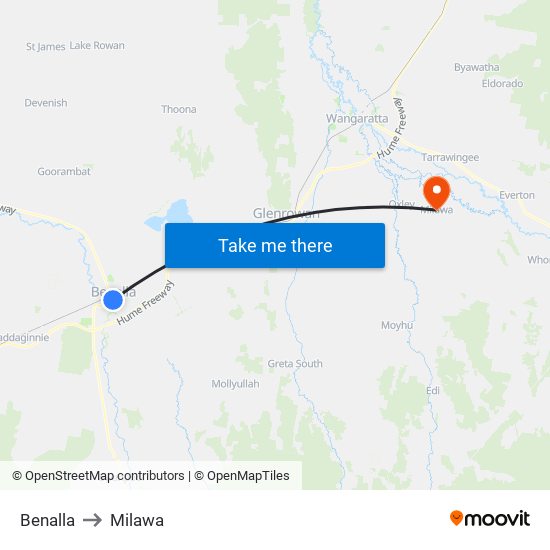 Benalla to Milawa map