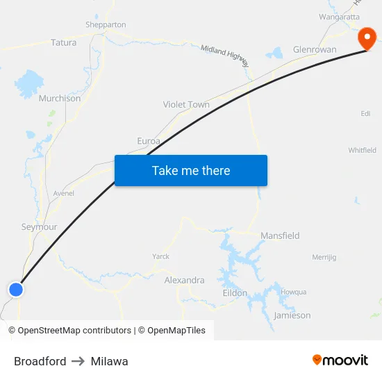 Broadford to Milawa map