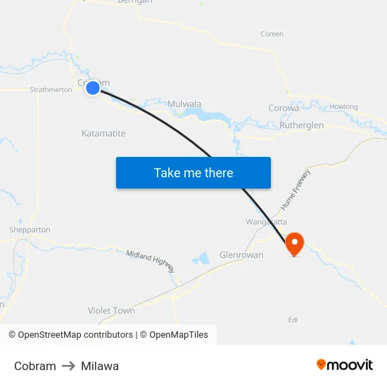 Cobram to Milawa map