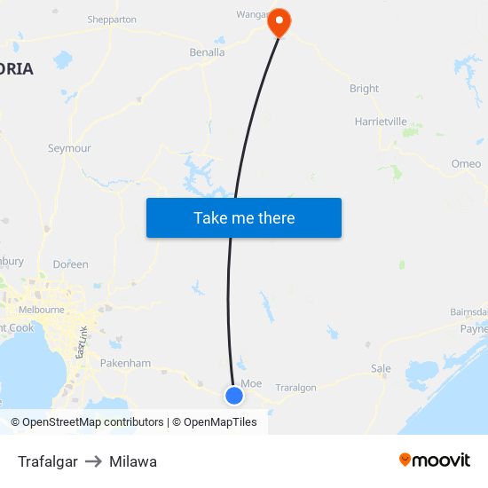 Trafalgar to Milawa map