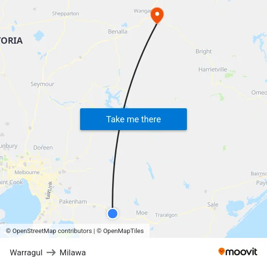 Warragul to Milawa map