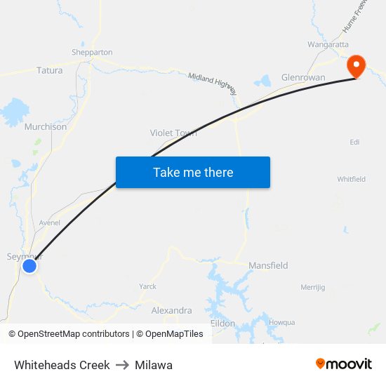 Whiteheads Creek to Milawa map