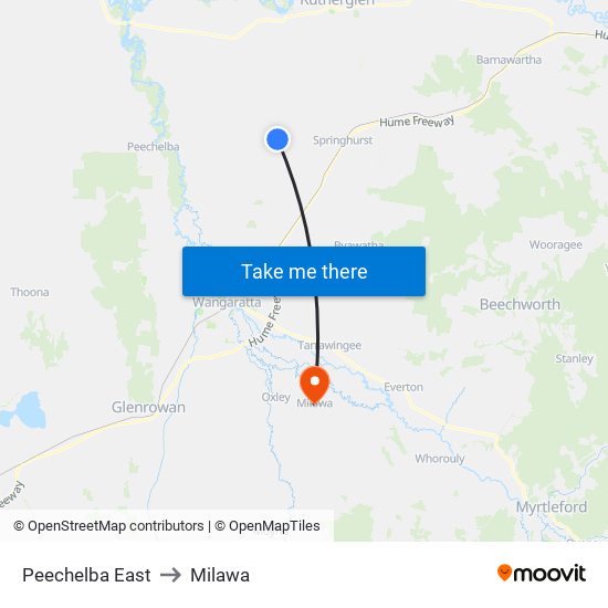 Peechelba East to Milawa map