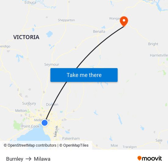 Burnley to Milawa map