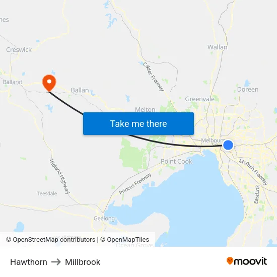 Hawthorn to Millbrook map