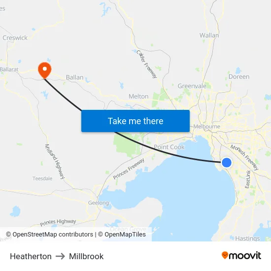 Heatherton to Millbrook map