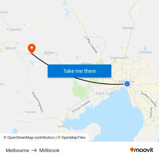 Melbourne to Millbrook map