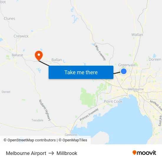 Melbourne Airport to Millbrook map