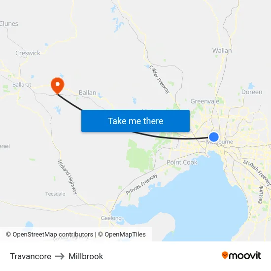 Travancore to Millbrook map