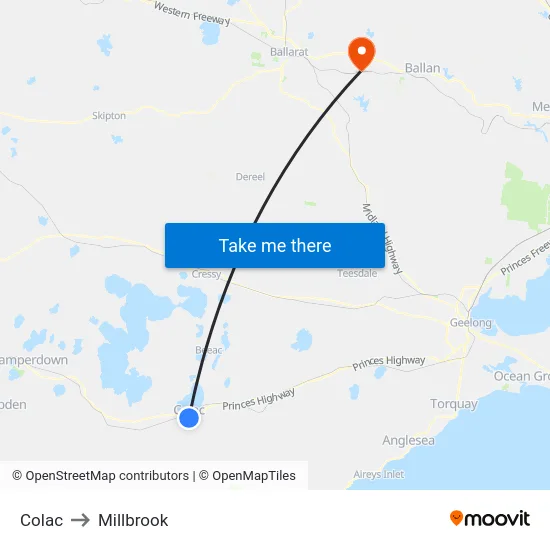 Colac to Millbrook map
