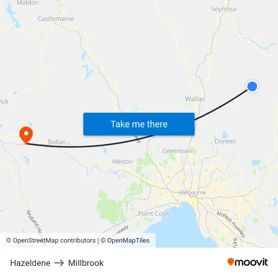 Hazeldene to Millbrook map