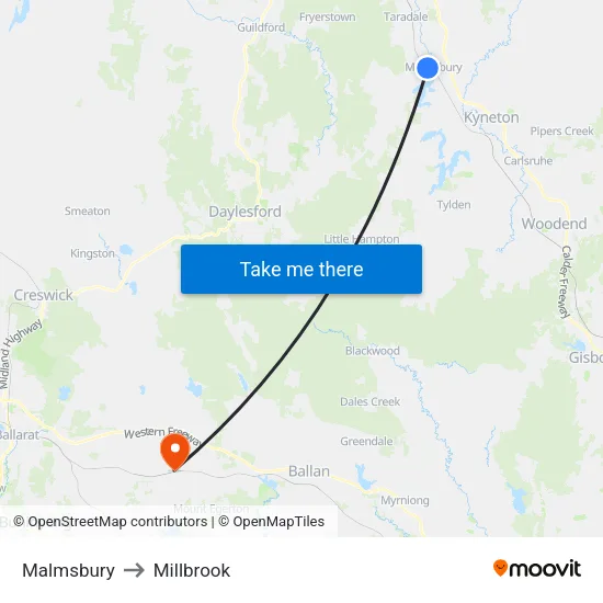 Malmsbury to Millbrook map