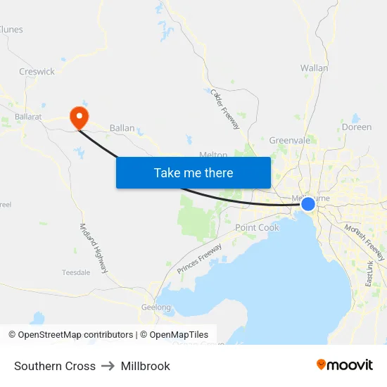 Southern Cross to Millbrook map