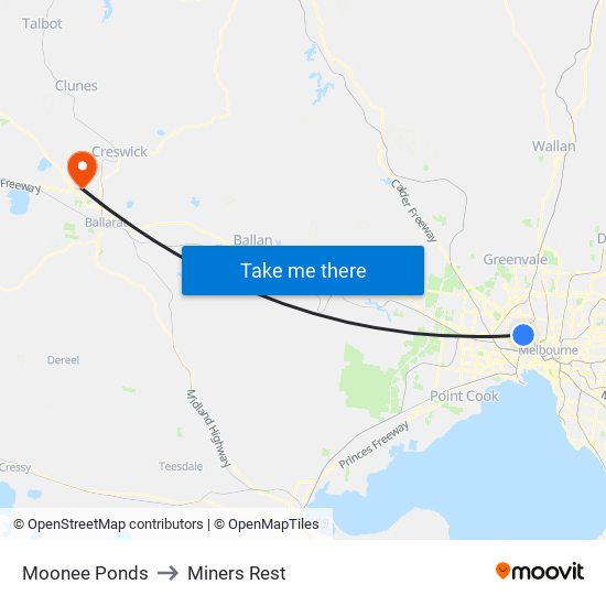 Moonee Ponds to Miners Rest map