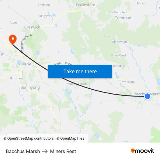 Bacchus Marsh to Miners Rest map