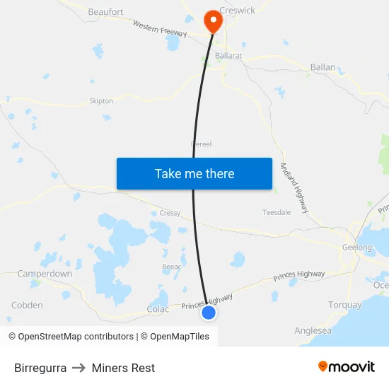 Birregurra to Miners Rest map