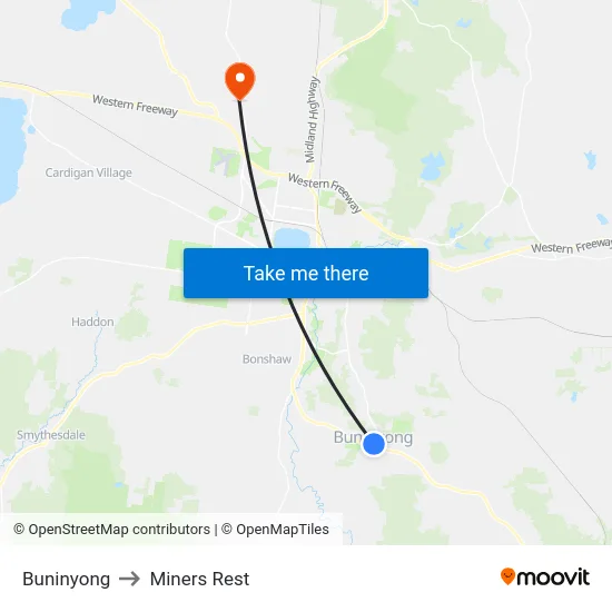 Buninyong to Miners Rest map