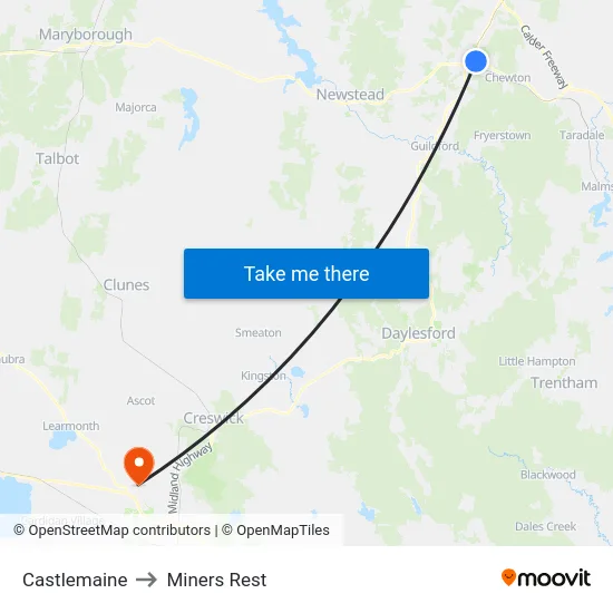 Castlemaine to Miners Rest map