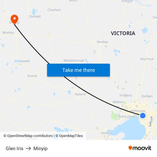 Glen Iris to Minyip map