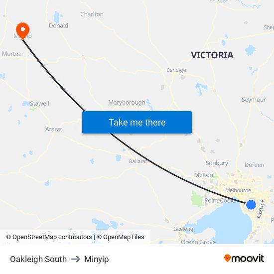 Oakleigh South to Minyip map