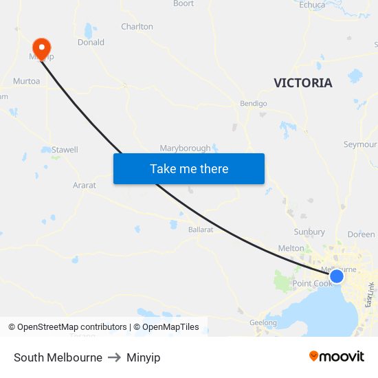 South Melbourne to Minyip map