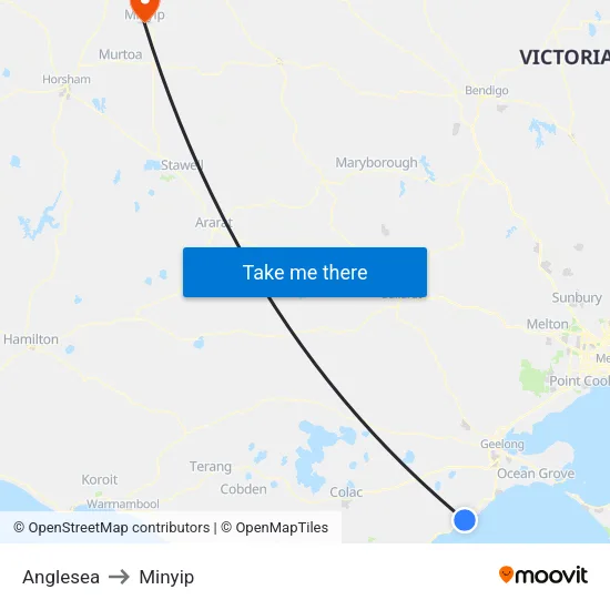 Anglesea to Minyip map