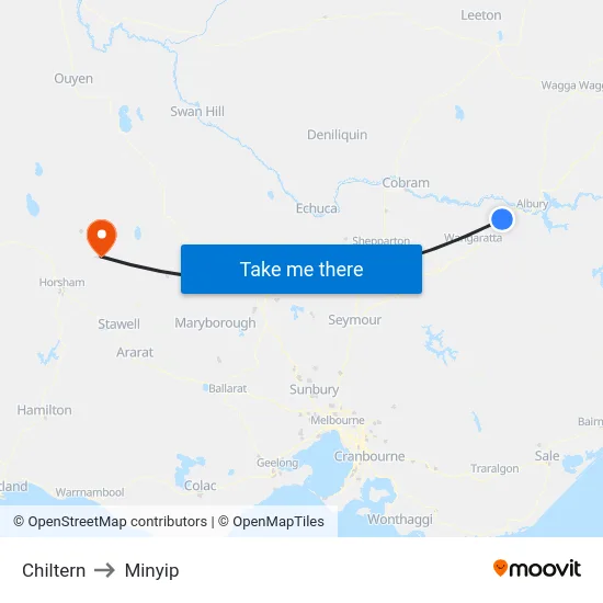 Chiltern to Minyip map