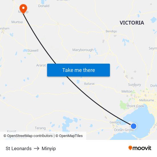 St Leonards to Minyip map