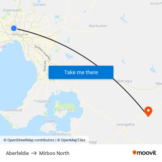 Aberfeldie to Mirboo North map