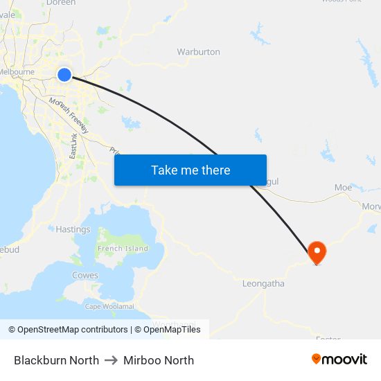 Blackburn North to Mirboo North map