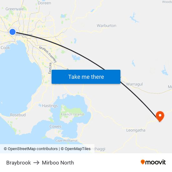 Braybrook to Mirboo North map