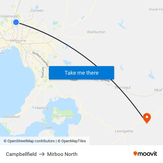 Campbellfield to Mirboo North map