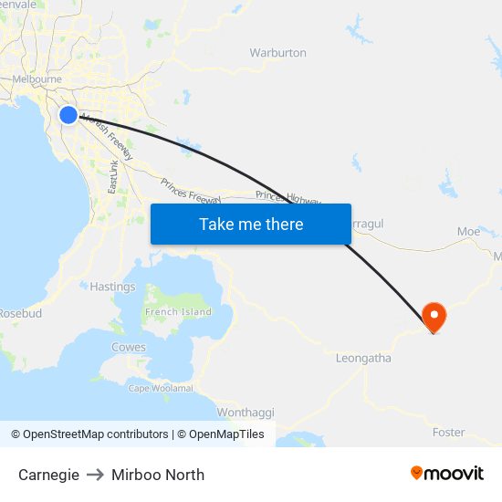 Carnegie to Mirboo North map