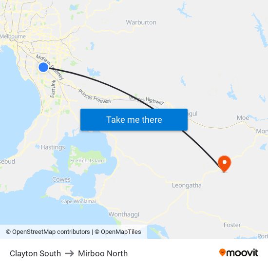 Clayton South to Mirboo North map