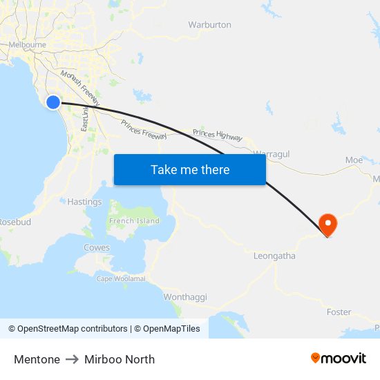 Mentone to Mirboo North map