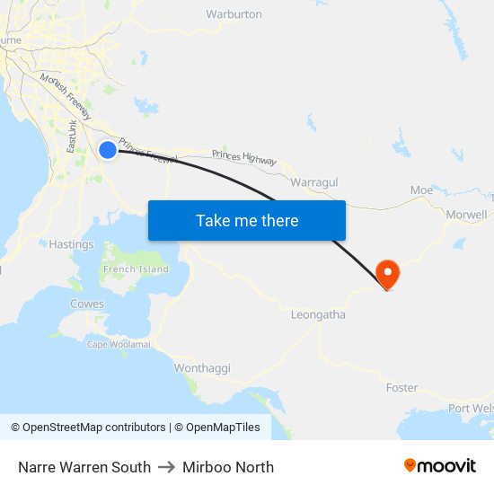 Narre Warren South to Mirboo North map