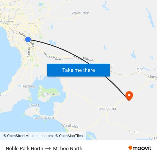 Noble Park North to Mirboo North map