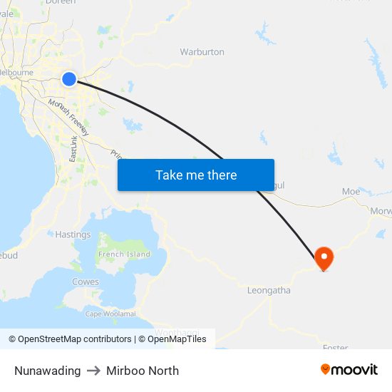 Nunawading to Mirboo North map