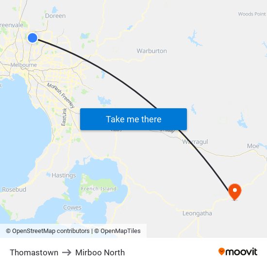 Thomastown to Mirboo North map