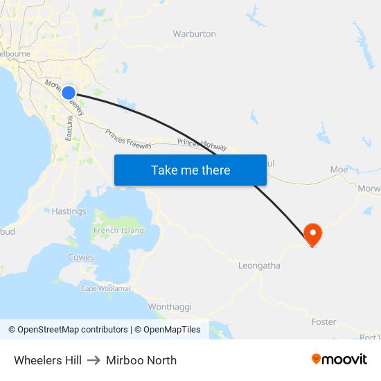 Wheelers Hill to Mirboo North map