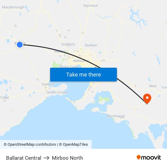 Ballarat Central to Mirboo North map