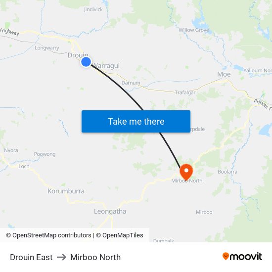 Drouin East to Mirboo North map