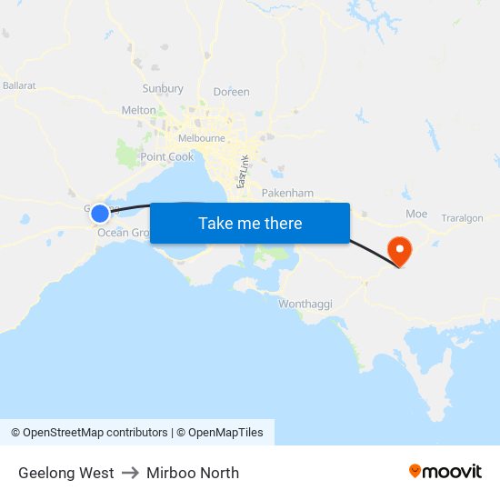 Geelong West to Mirboo North map